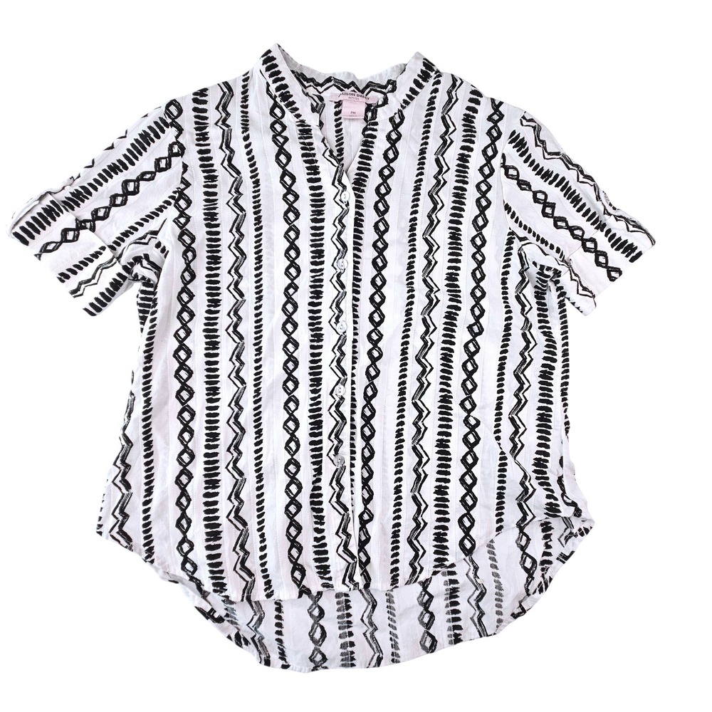 Allison Daley Petites Black White Geometric Tribal Cotton Button Down Shirt PM